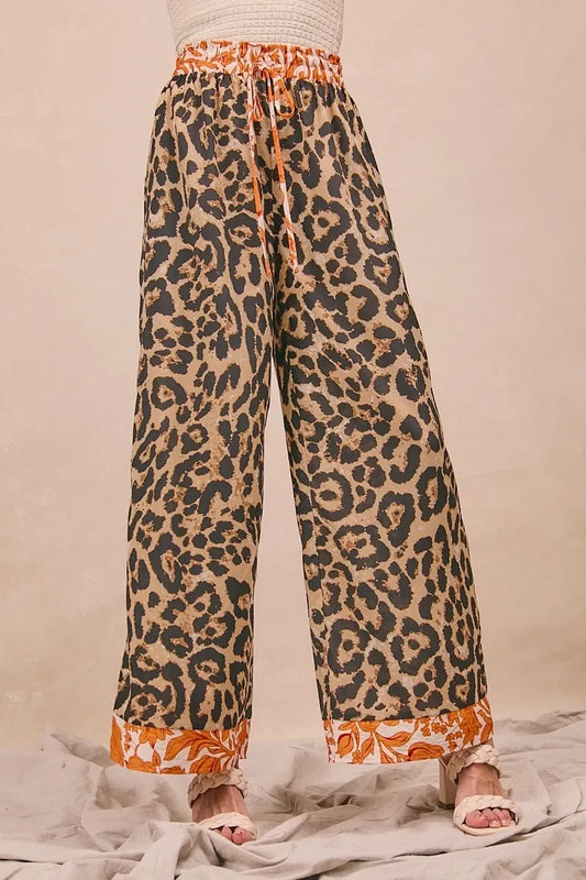 Leopard Print With Contrast Banded Wide Pants - Eva's Edition