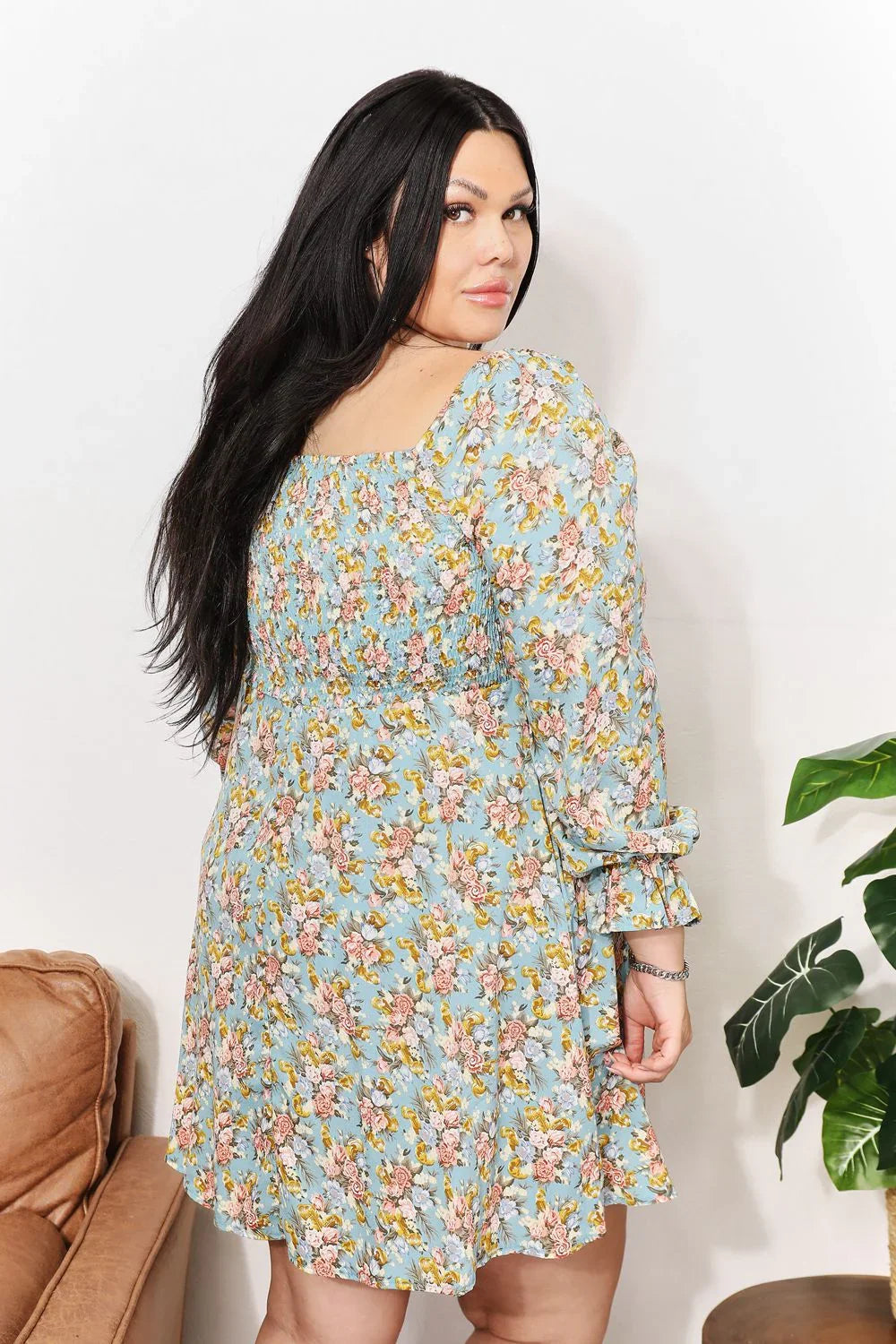 Honey Floral Smocked Flounce Sleeve Square Neck Dress - Eva's Edition
