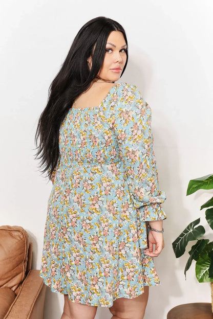 Honey Floral Smocked Flounce Sleeve Square Neck Dress - Eva's Edition