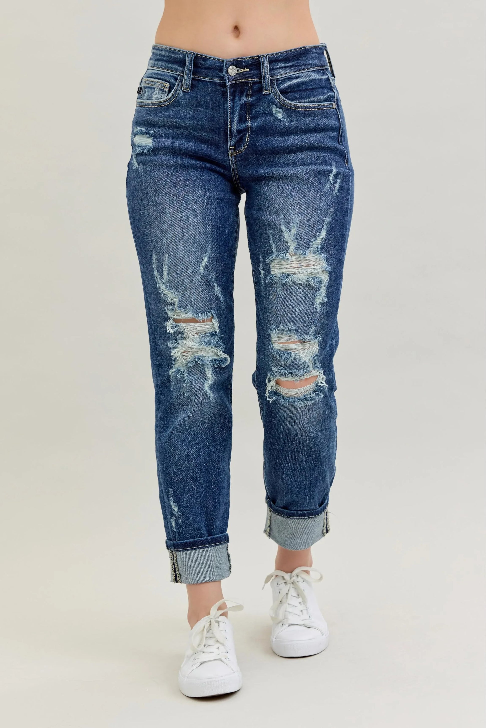 Mid Rise Cuffed Destroy Bf Jeans Plus Size - Eva's Edition
