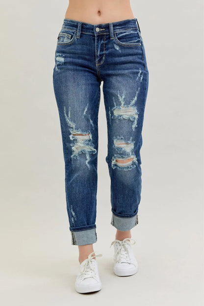 Mid Rise Cuffed Destroy Bf Jeans Plus Size - Eva's Edition