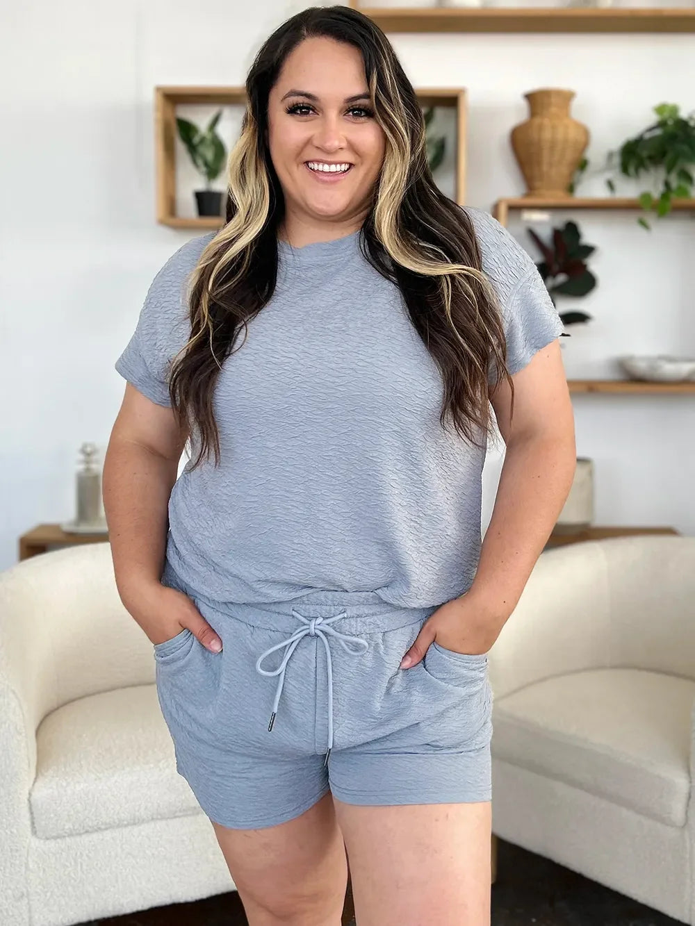Textured Short Sleeve T-Shirt and Drawstring Shorts Set - Eva's Edition