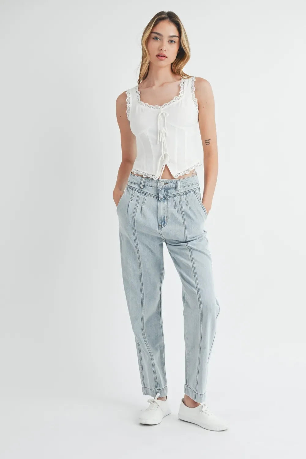 Pleated Front Detail Straight Jeans - Eva's Edition