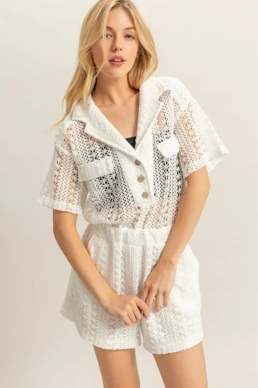 Crochet Button Front Short Sleeve Romper - Eva's Edition