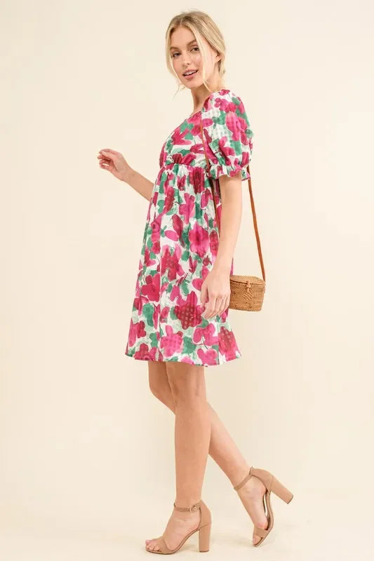 Smocked Floral Ruffle Short Sleeve Mini Dress - Eva's Edition