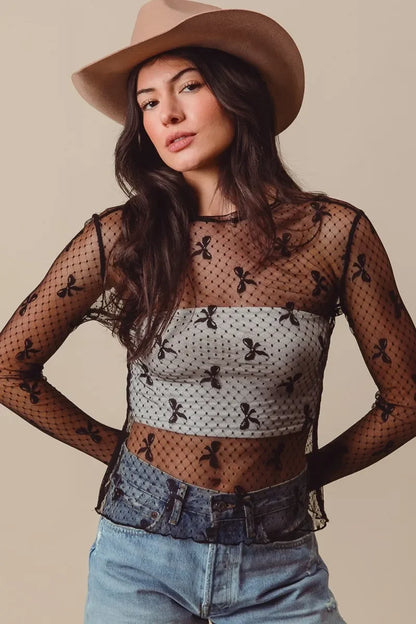 Bow Ribbon Pattern Sheer Lace Top - Eva's Edition