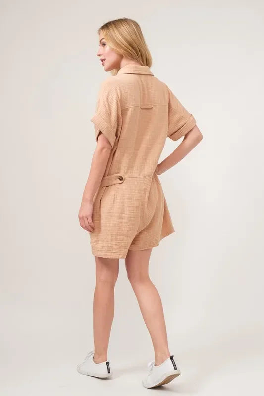 Gauze Roll-up Sleeve Comfort Utility Romper - Eva's Edition