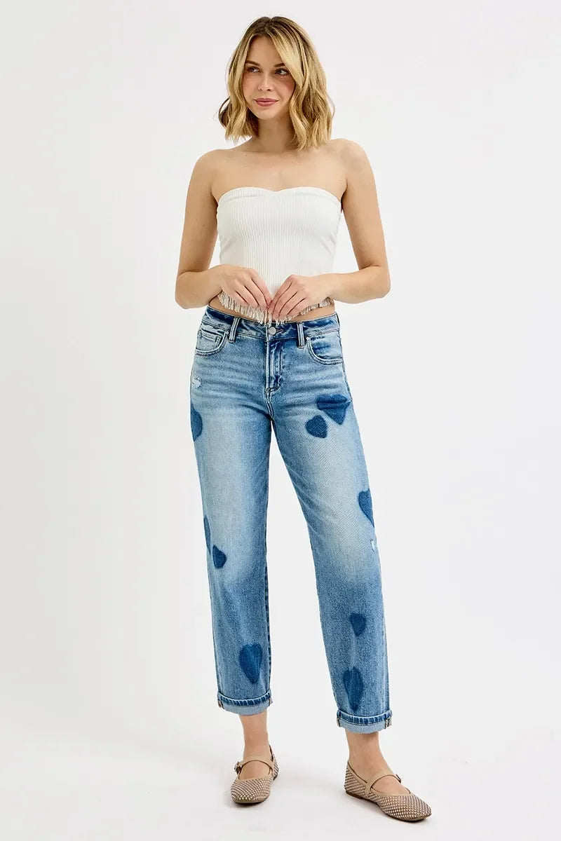 Mid Rise Fit-boyfriend Heart Shade Jeans Plus Size - Eva's Edition