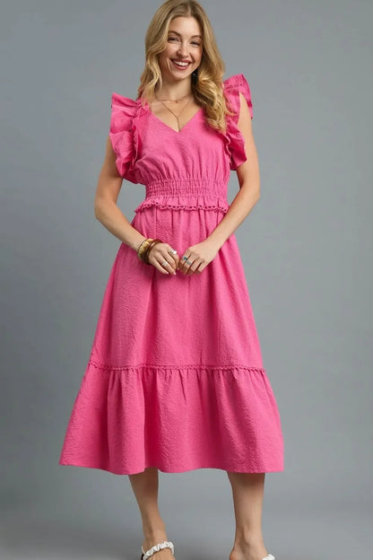 V-Neck Ruffled Cap Sleeve Midi Dress - Eva's Edition