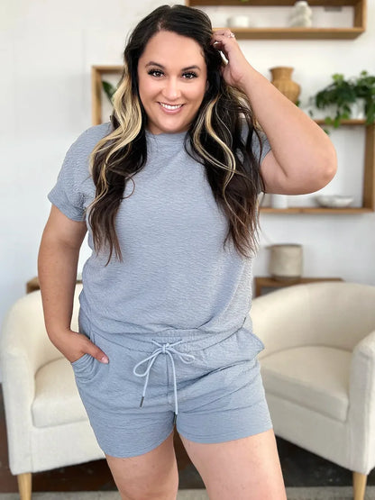 Textured Short Sleeve T-Shirt and Drawstring Shorts Set - Eva's Edition