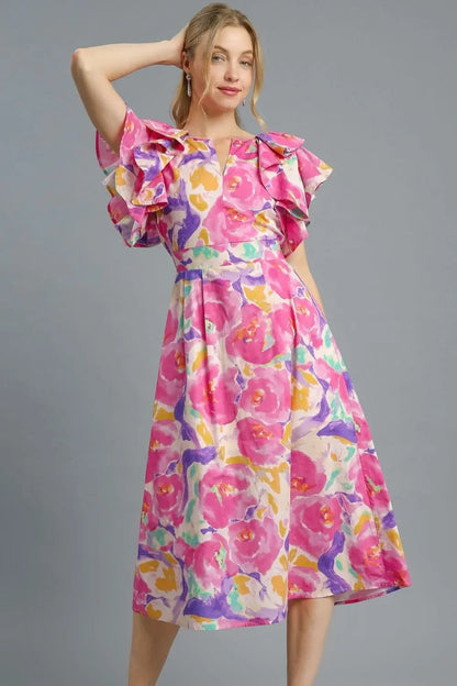 Floral Ruffled Cap Sleeve Midi Dress - Eva's Edition