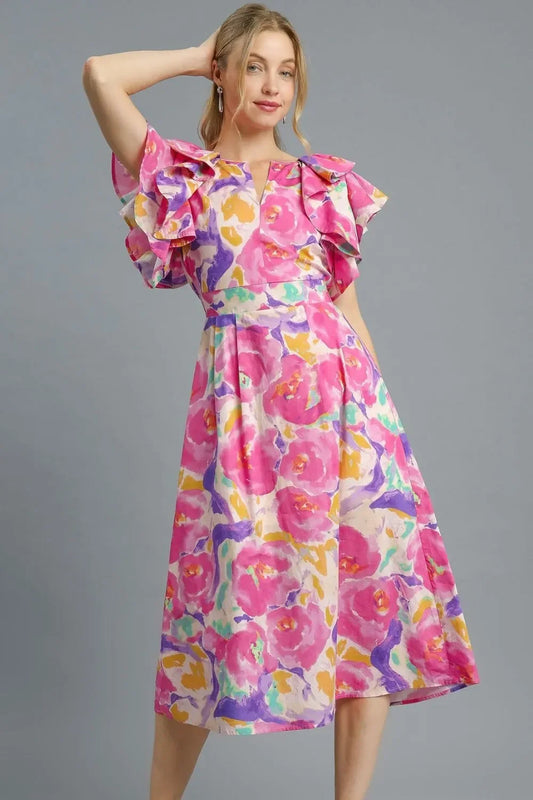 Floral Ruffled Cap Sleeve Midi Dress - Eva's Edition