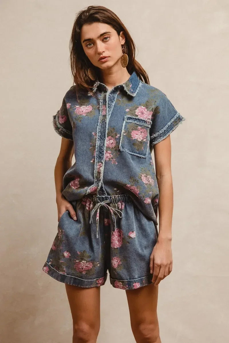 Printed Denim Short Pants With Pocket - Eva's Edition