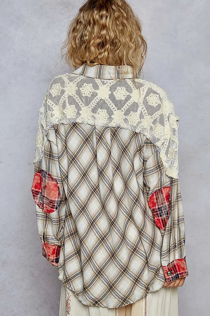 Lace Patchwork Plaid Oversized Shirt - Eva's Edition