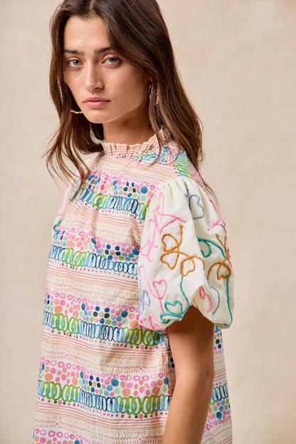 Ruffle Neckline Blouse with Embroidery Bubble Sleeve - Eva's Edition