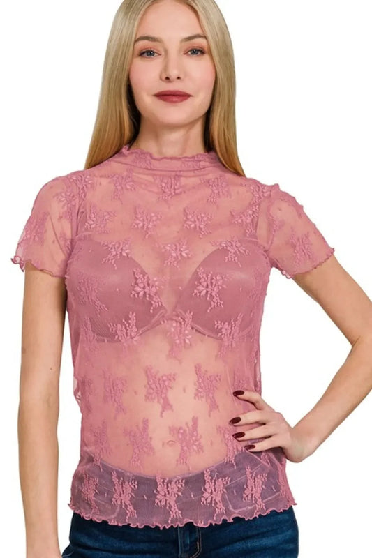 Lace See-through Layering Short Sleeve Top - Eva's Edition