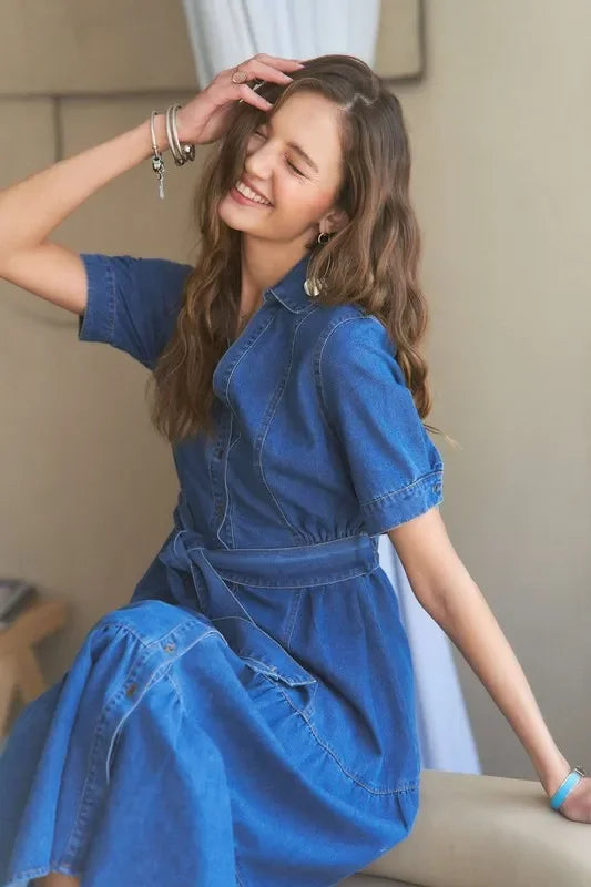 Tiered Button Down Tie Waist Short Sleeve Denim Dress - Eva's Edition