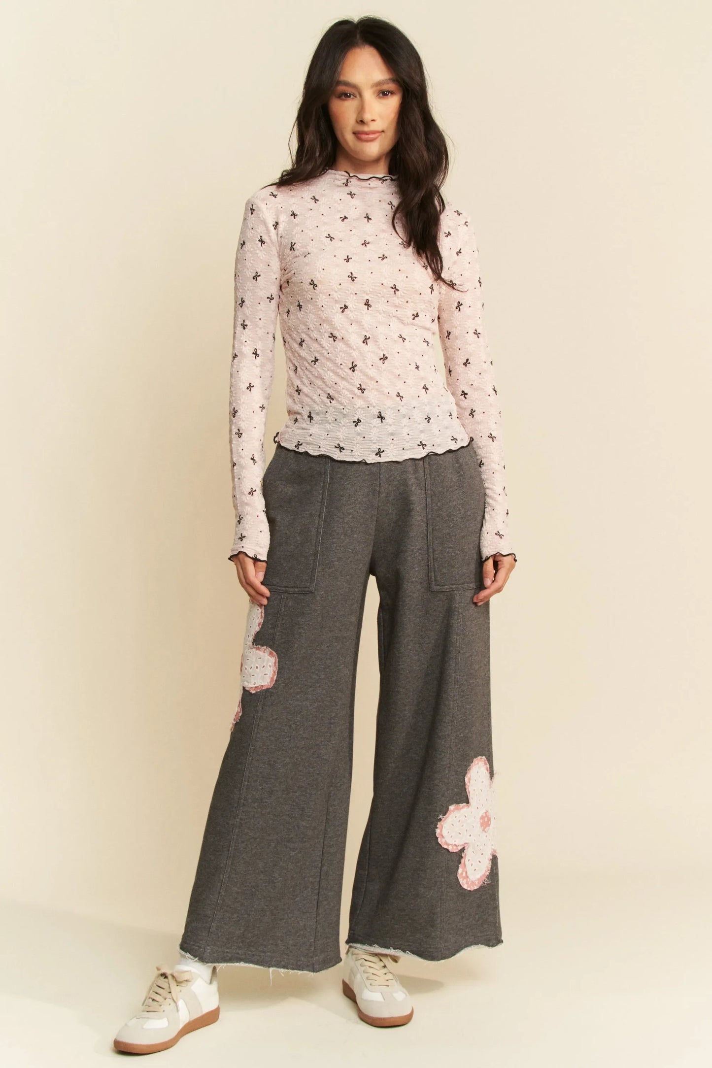 Ribbon Bow Lace Hem Long Sleeve Mesh Layering Top - Eva's Edition