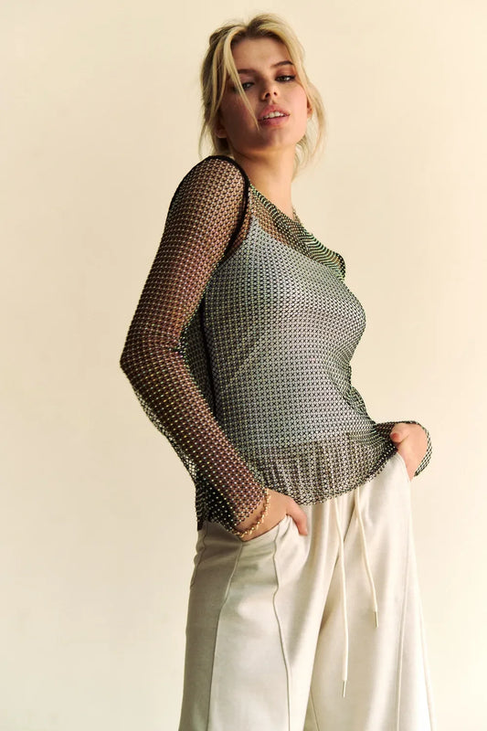 Sparkling Rhinestone Sheer Mesh Round Neck Top - Eva's Edition