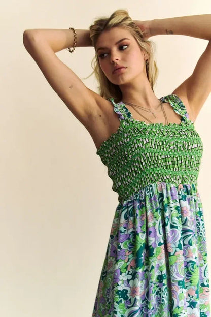 Multi Smocked Bodice Geo Ruffle Strappy Midi Dress - Eva's Edition