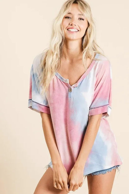 Dye French Terry Top With Buttoned Placket - Eva's Edition