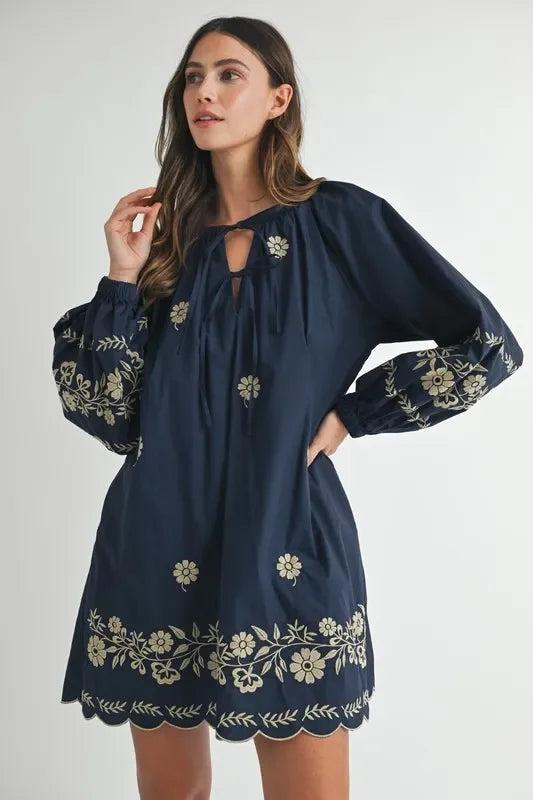 Embroidered Long Sleeve Peasant Mini Dress - Eva's Edition