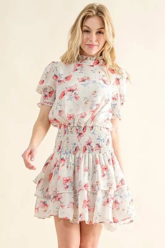 Floral Print Smocked Waist Mini Dress - Eva's Edition