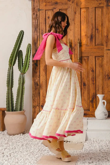 Ribbon Flowy Maxi Dress with Contrast Trim - Eva's Edition