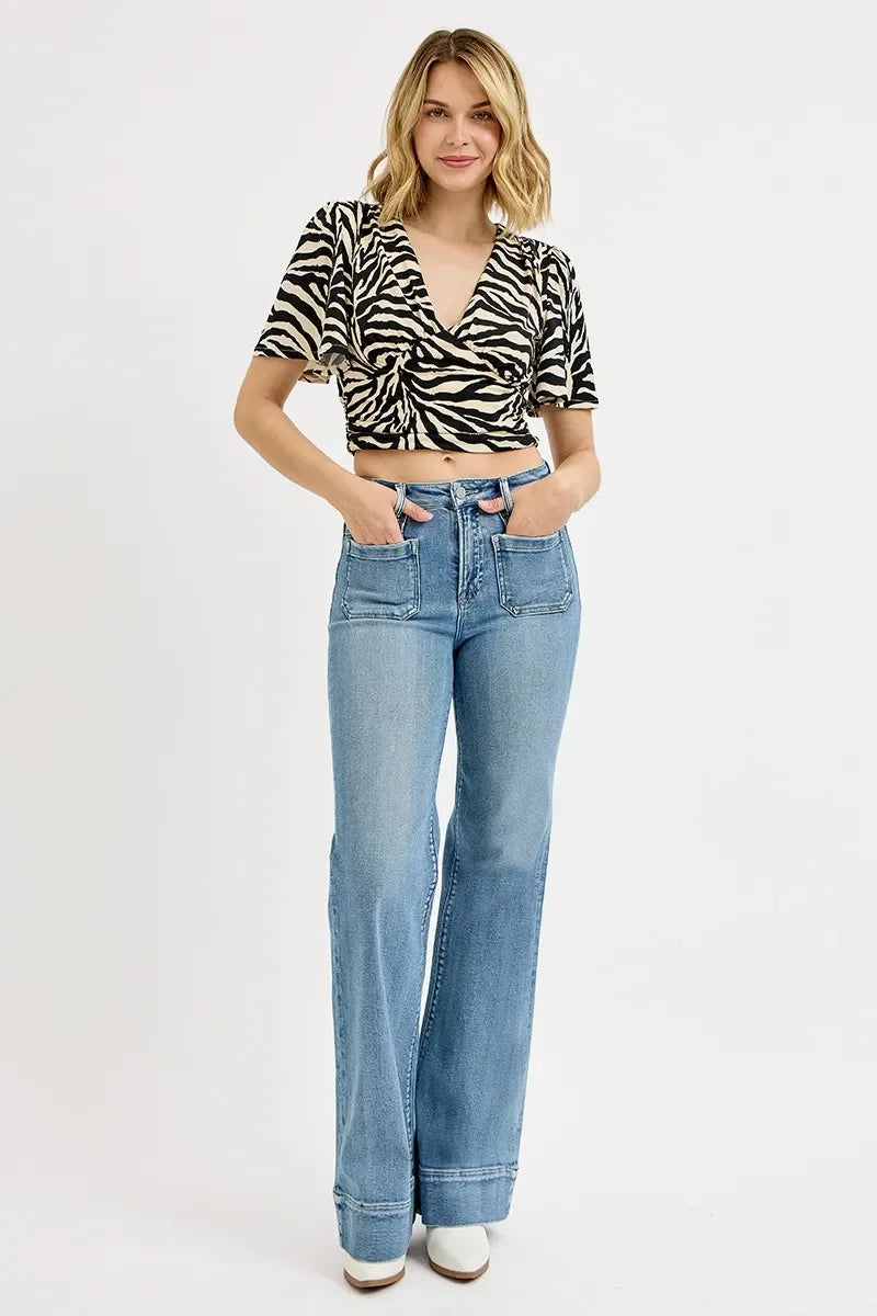 High Rise Wide Flare Patch Pocket Jeans Plus Size - Eva's Edition