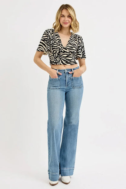 High Rise Wide Flare Patch Pocket Jeans Plus Size - Eva's Edition
