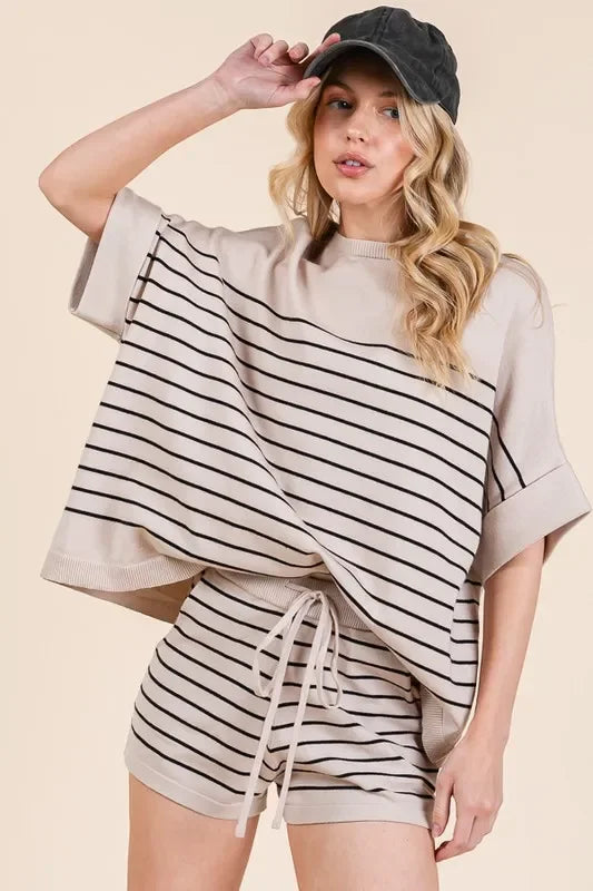 Striped Folded Half Sleeve Top and Shorts Set - Eva's Edition
