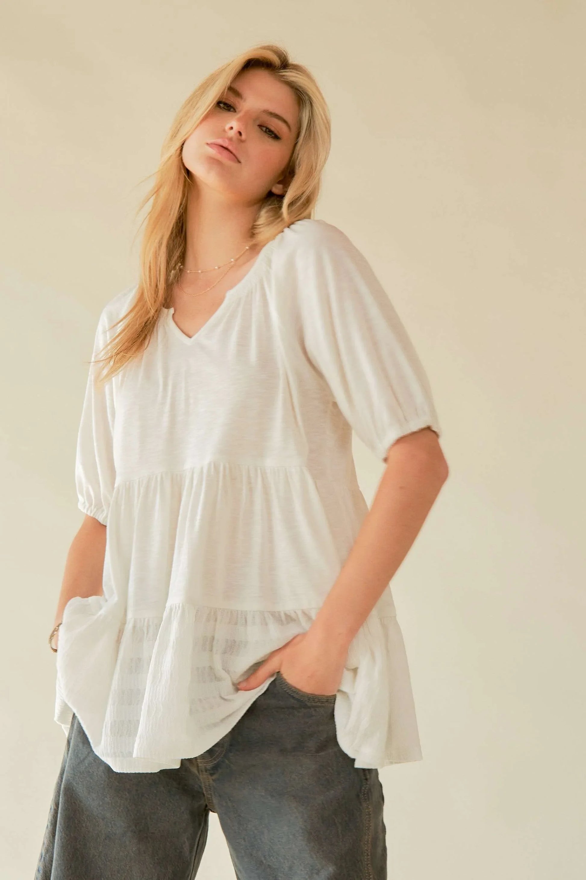Flared Short Sleeve V Neck Blouse - Eva's Edition