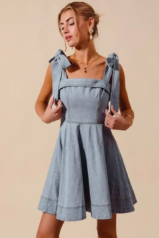 Diamond Bow Ribbon Denim Dres - Eva's Edition
