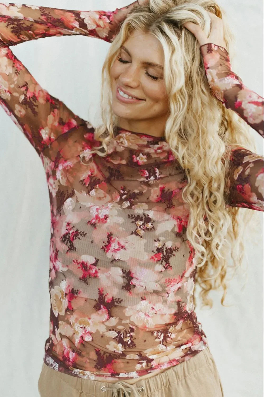 Floral Mock Neck Long Sleeve Sheer Top - Eva's Edition