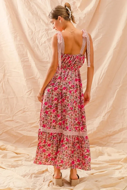 Floral Maxi Dress With Ribbon Tie Lace Strap - Eva's Edition