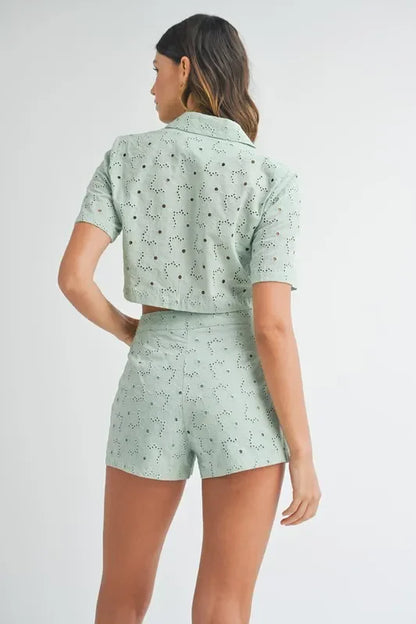 Eyelet Short Sleeve Crop Top and Shorts Set - Eva's Edition