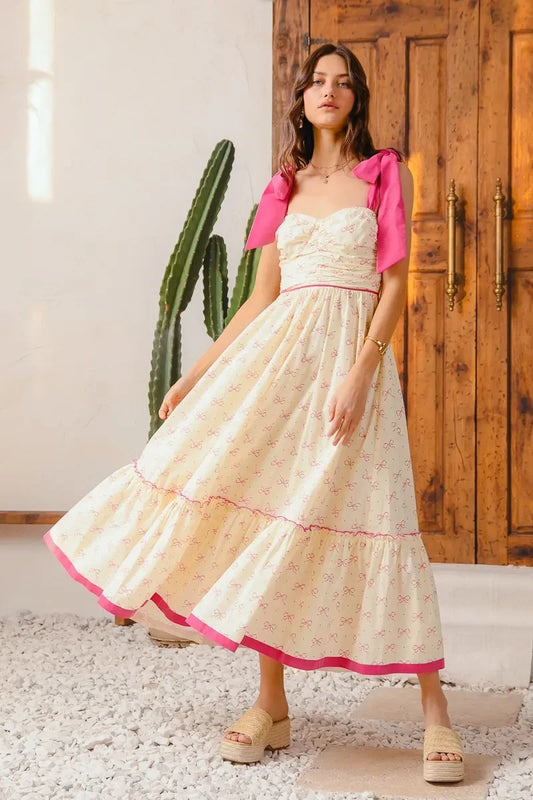 Ribbon Flowy Maxi Dress with Contrast Trim - Eva's Edition