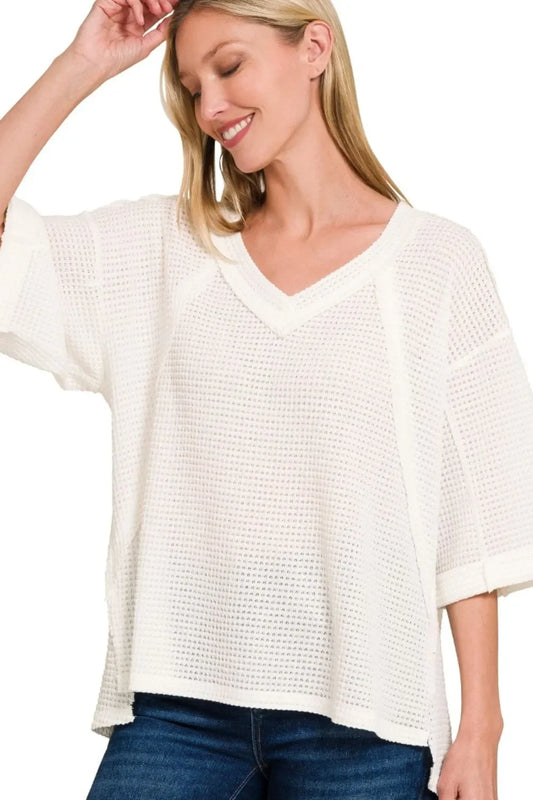 Brushed Waffle Exposed-seam 3/4 Sleeve Top - Eva's Edition