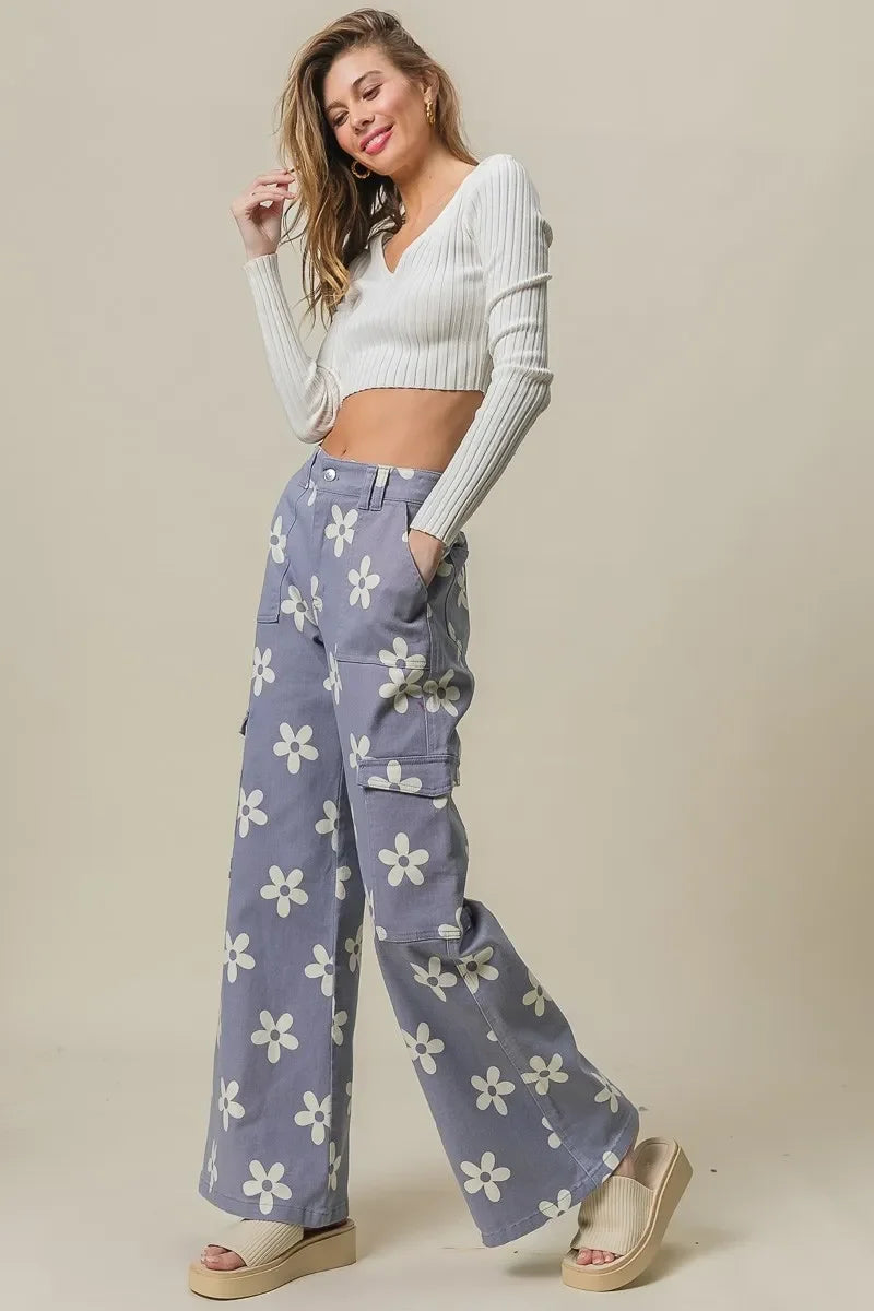 Flower Printed Side Pocket Wide Pants - Eva's Edition
