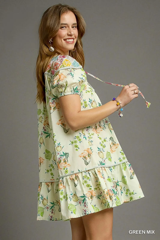 Floral Print Tie Neck Puff Sleeve Dress - Eva's Edition