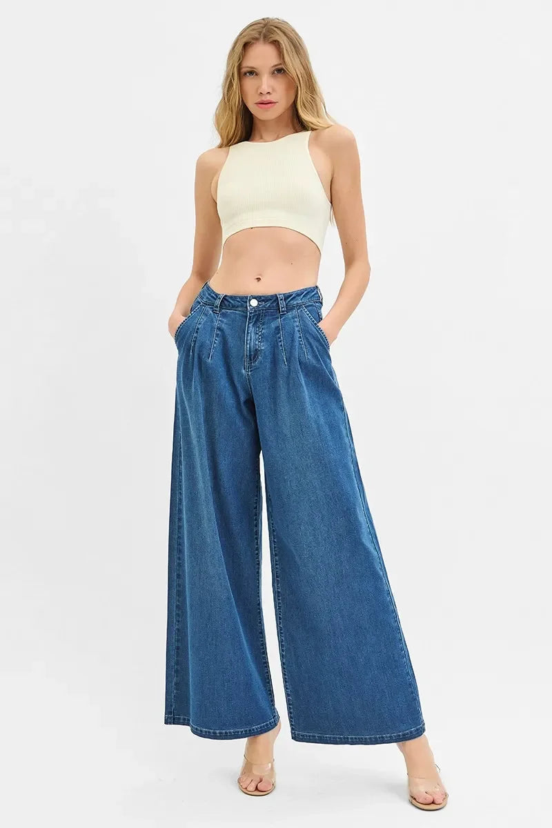 Mid Rise Fit Wide Leg Knit Denim Look Jeans - Eva's Edition