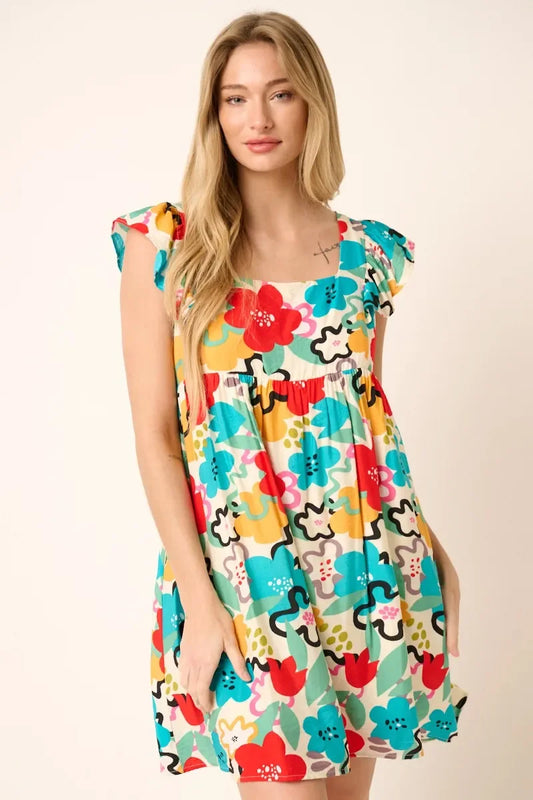Multi Color Flower Print Babydoll Dress - Eva's Edition