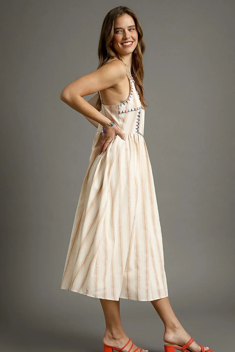 Striped Colorful Embroidered Trim Cami Dress - Eva's Edition