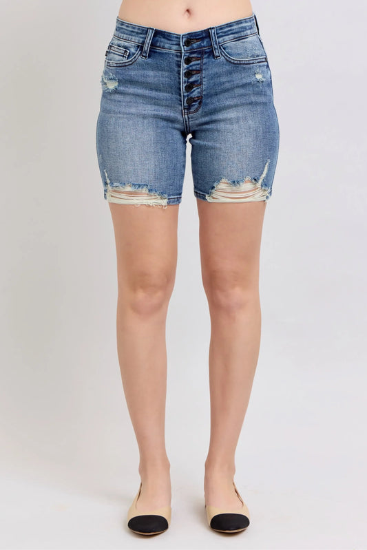 Mid Length Denim Shorts W/ Destroy - Eva's Edition