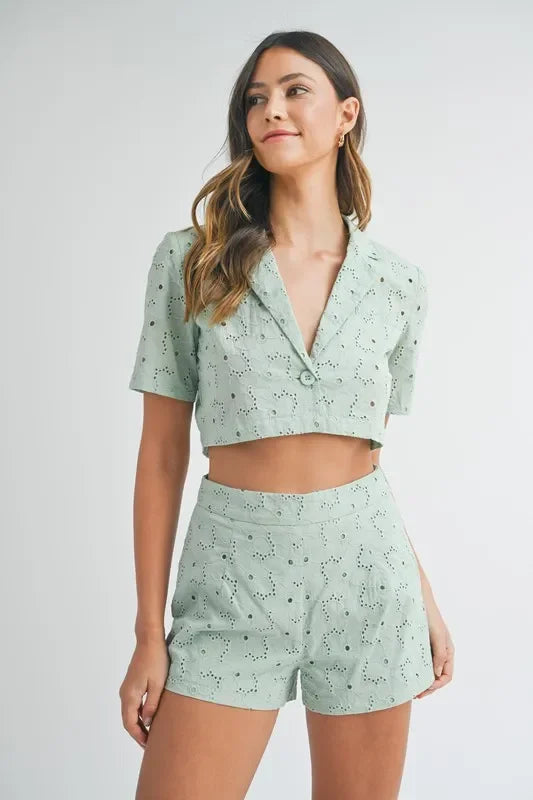 Eyelet Short Sleeve Crop Top and Shorts Set - Eva's Edition