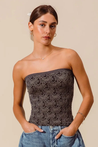 Jacquard Floral Two Tone Seamless Tube Top - Eva's Edition