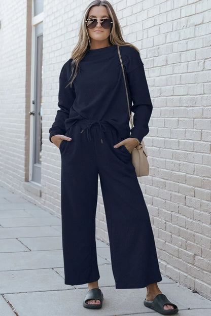 Textured Long Sleeve Top and Drawstring Pants Set - Eva's Edition