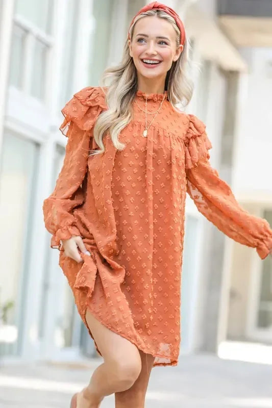 Lovely Ruffle Shoulder with Textured Woven Dress - Eva's Edition