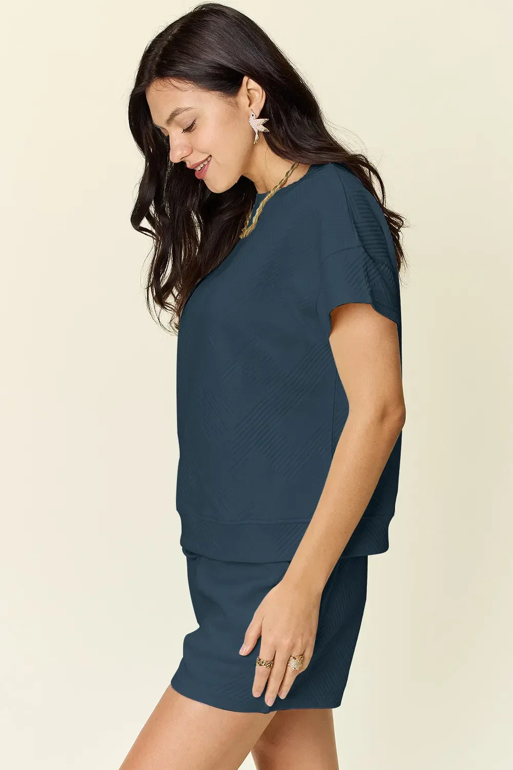 Textured Short Sleeve T-Shirt and Drawstring Shorts Set - Eva's Edition