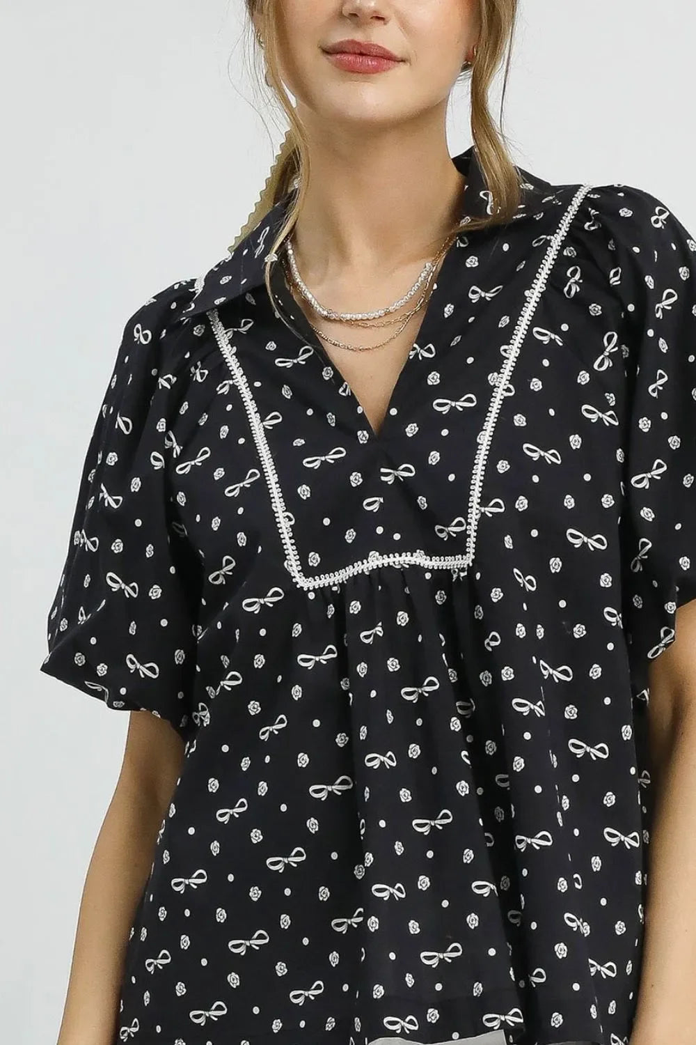 Bow Print Puff Sleeve Blouse - Eva's Edition